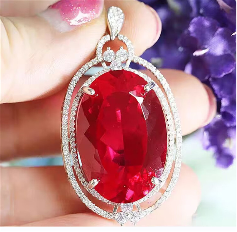 High Quality Oval Cut Pigeon Blood Red Ruby Lab-Created Sterling Silver Pendant