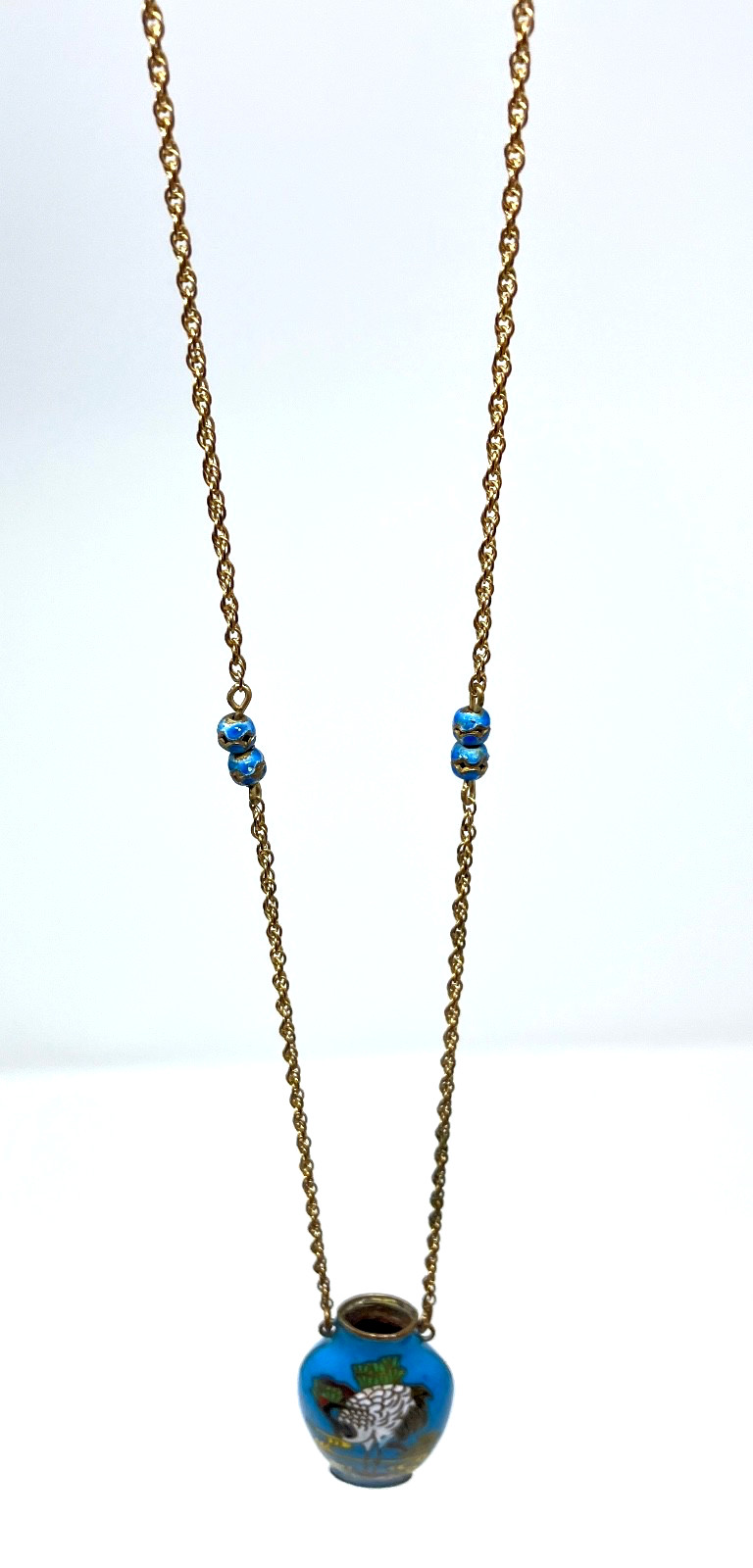 Vintage Cloisonne Blue Vase Crane Bird 1/20 12KT gold filled Chain 24″ Necklace