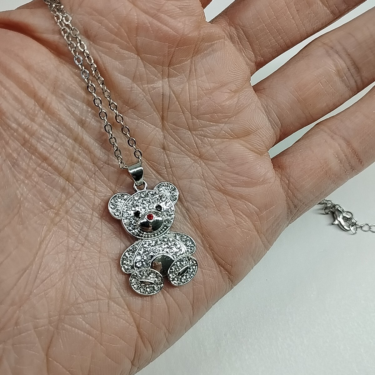 Women Teddy Bear Pendant Necklace Brass Plated Rhinestone 18.5″-20.5″ Chain