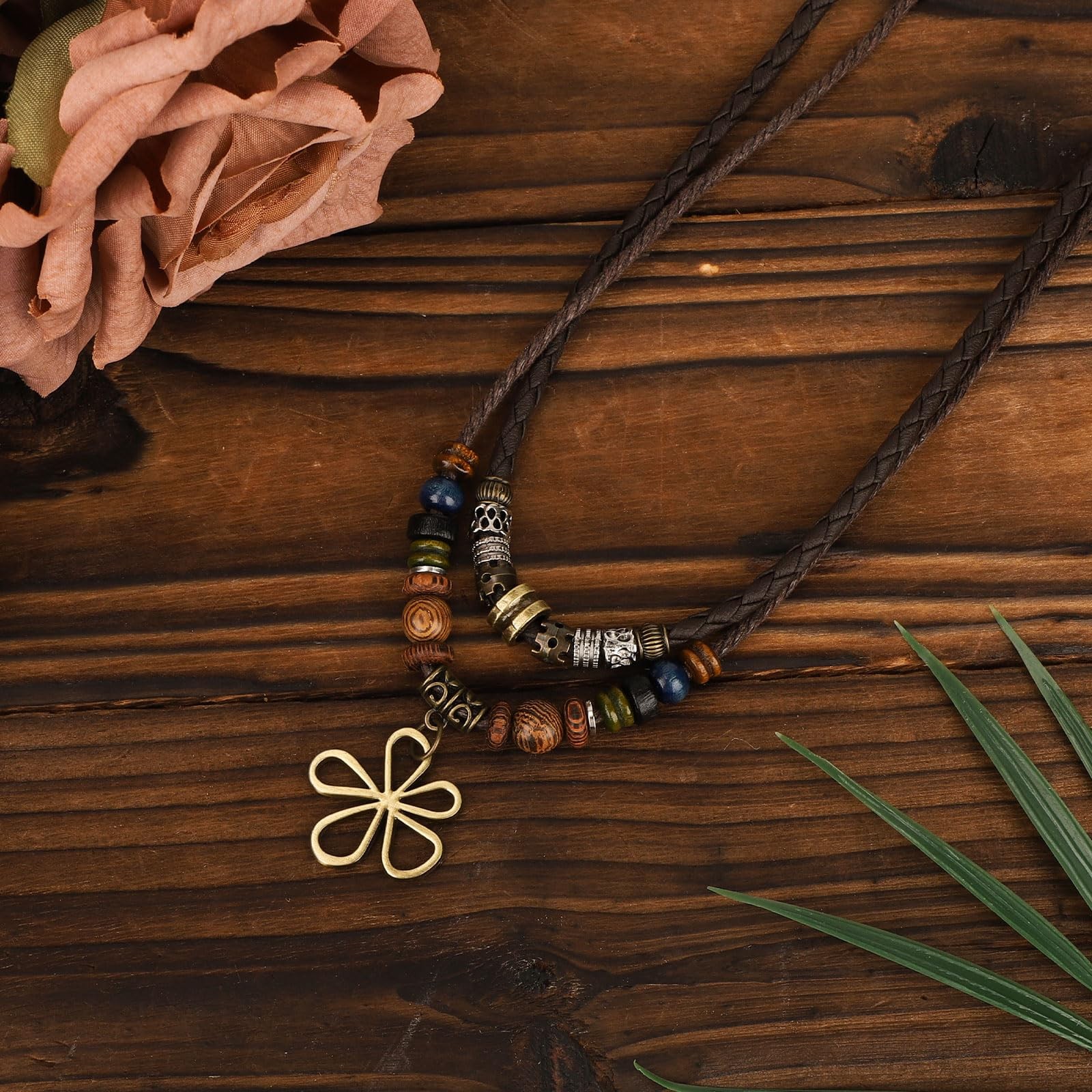 Mikovivi MultiLayer Boho Wood Bead Necklace, Bohemian Hollow Flower Pendant N…