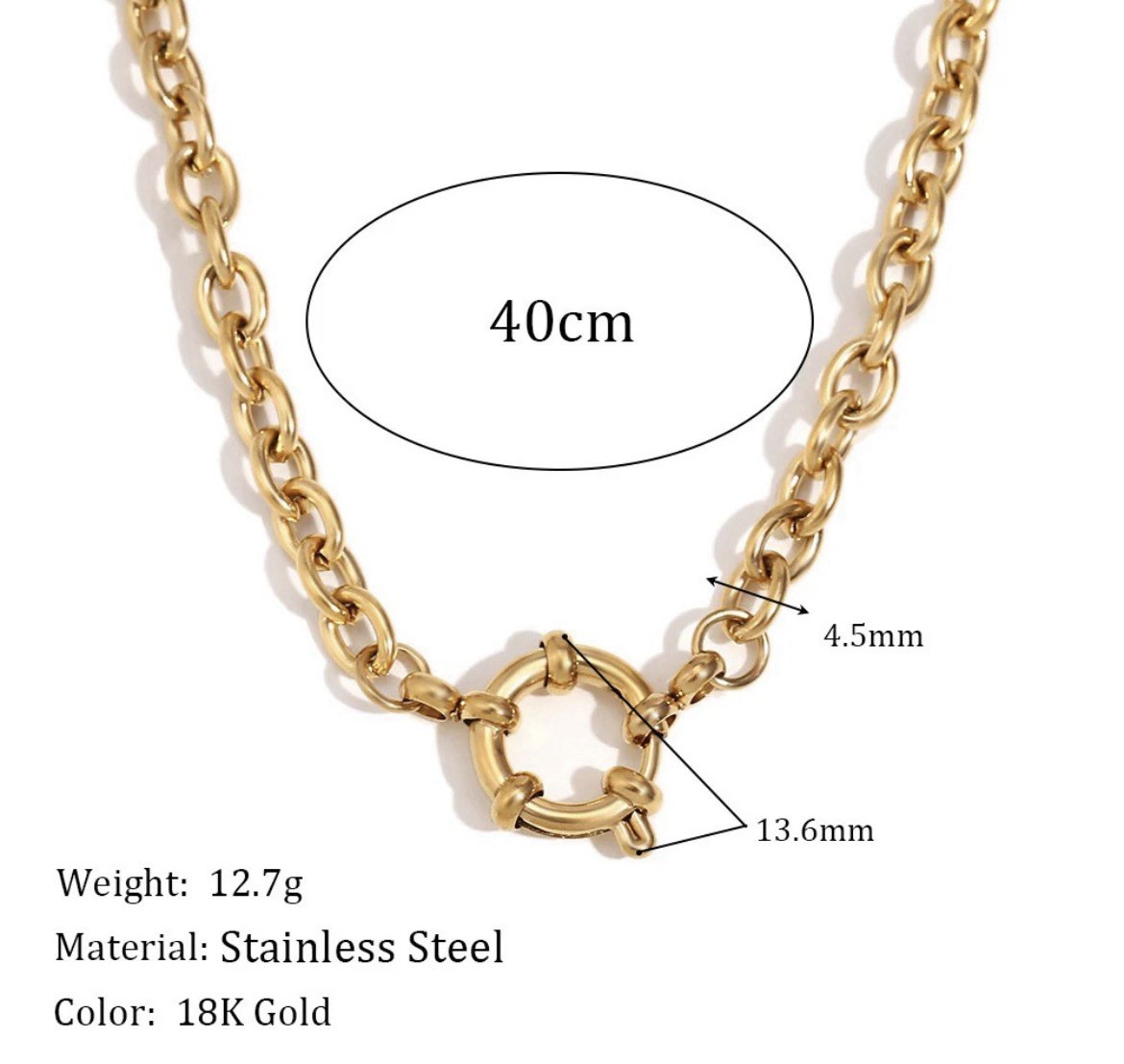 18K Gold PVD Stainless Steel Rolo Necklace 40cm with Statement Spring Clasp