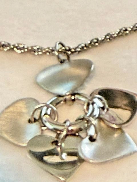 Silver Tone Five Heart Cluster Pendant Rope Chain Necklace 30 Inch