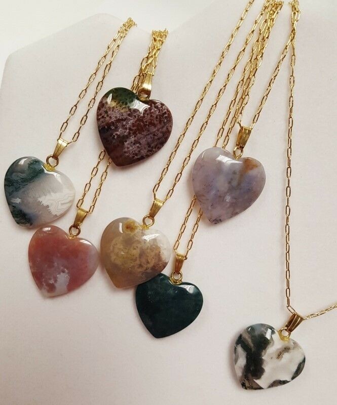 12 ASSORTED GENUINE GEMSTONE 20mm HEART PENDANT GOLD PLATED CHAIN NECKLACES V243