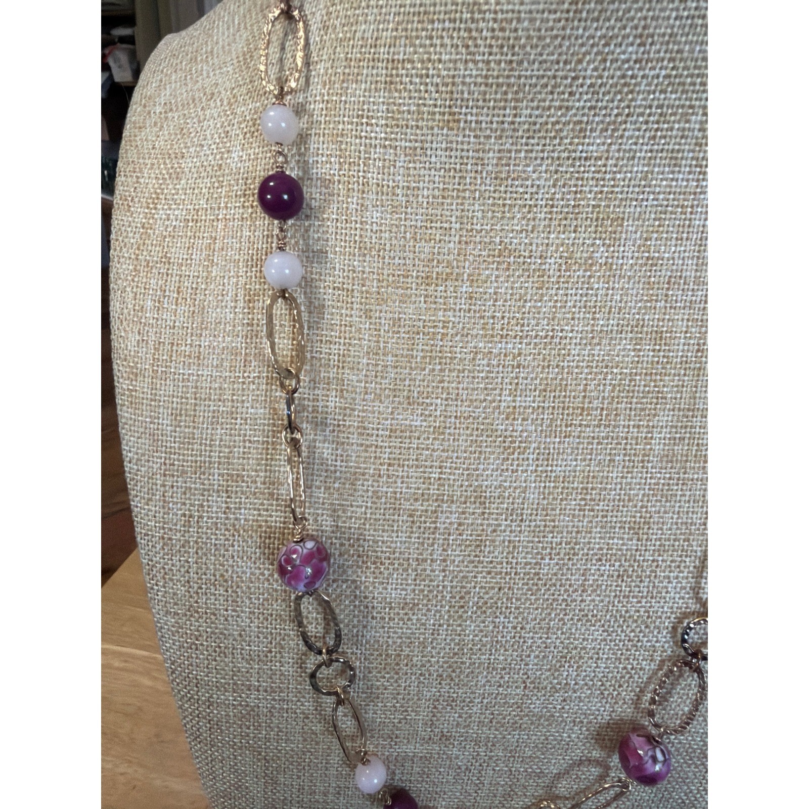Gold Tone Purple and Pink Beaded Long Oval Link Station Necklace Boho Layering