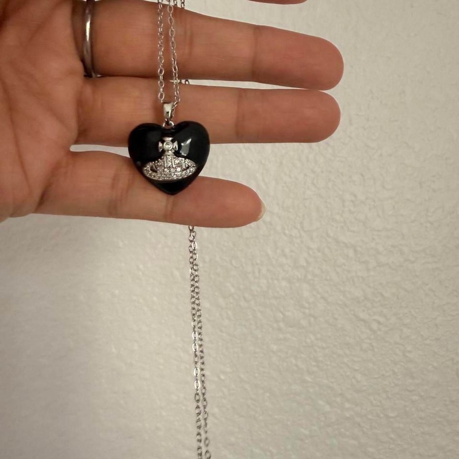 Black Heart Saturn CZ Pendant Stainless Steel Necklace