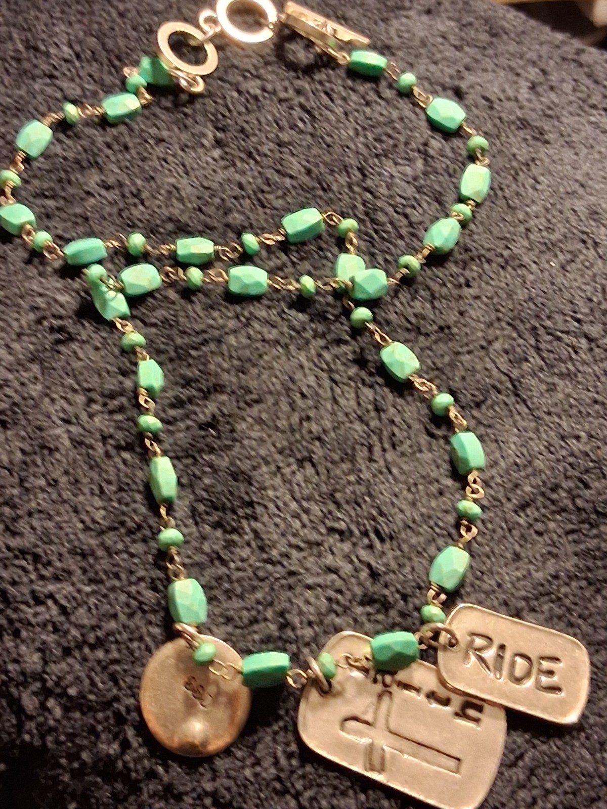 CSS Green Beaded Ball Chain Toggle Necklace RIDE Tag Cross & Horseshoe Charms