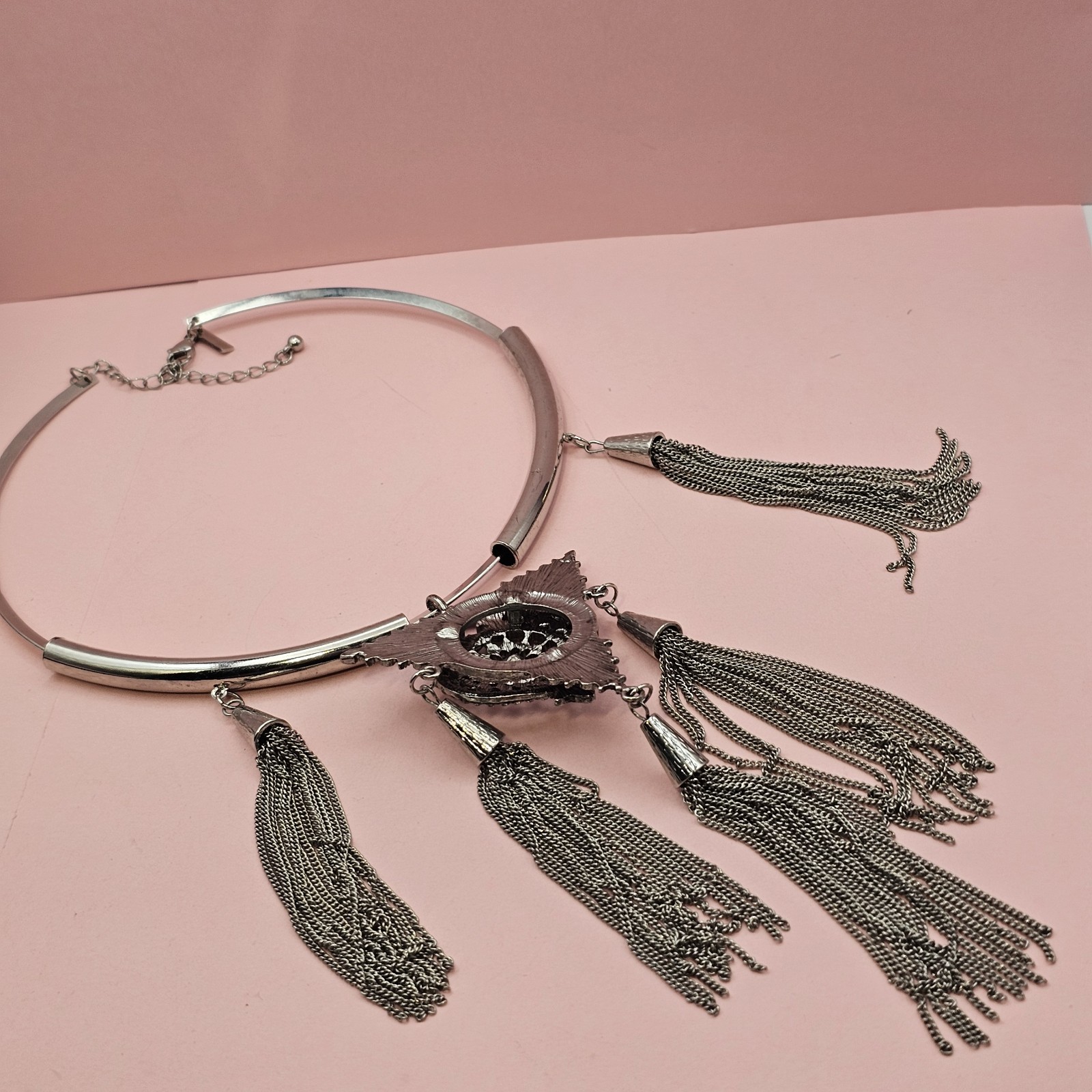 Designer Statement Necklace Silver tone Crystal Medallion Tassel Gypsy