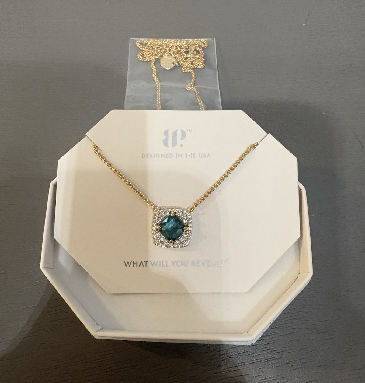 BP Gold Plated Lab Blue Tourmaline Cushion CZ Pavé Pendant Necklace 18″ NK26717