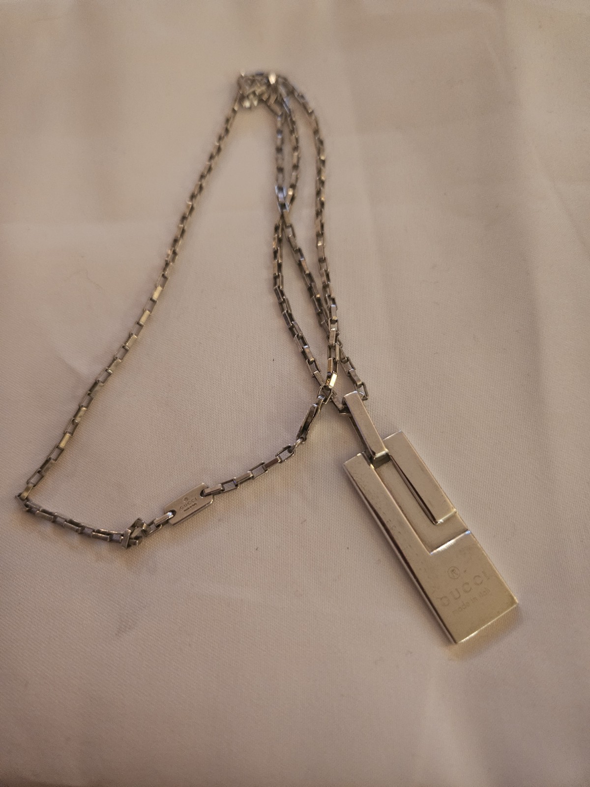 Gucci Silver Tone Box Chain Rectangle Bar Pendant Necklace Signed Italy