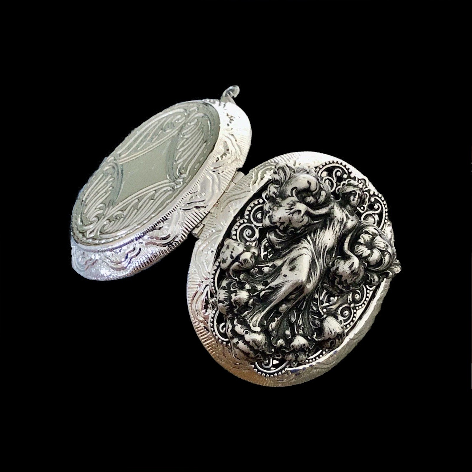 Art Nouveau Woman Locket Necklace, Photo, Memorial, Ashes, Sterling Silver Chain