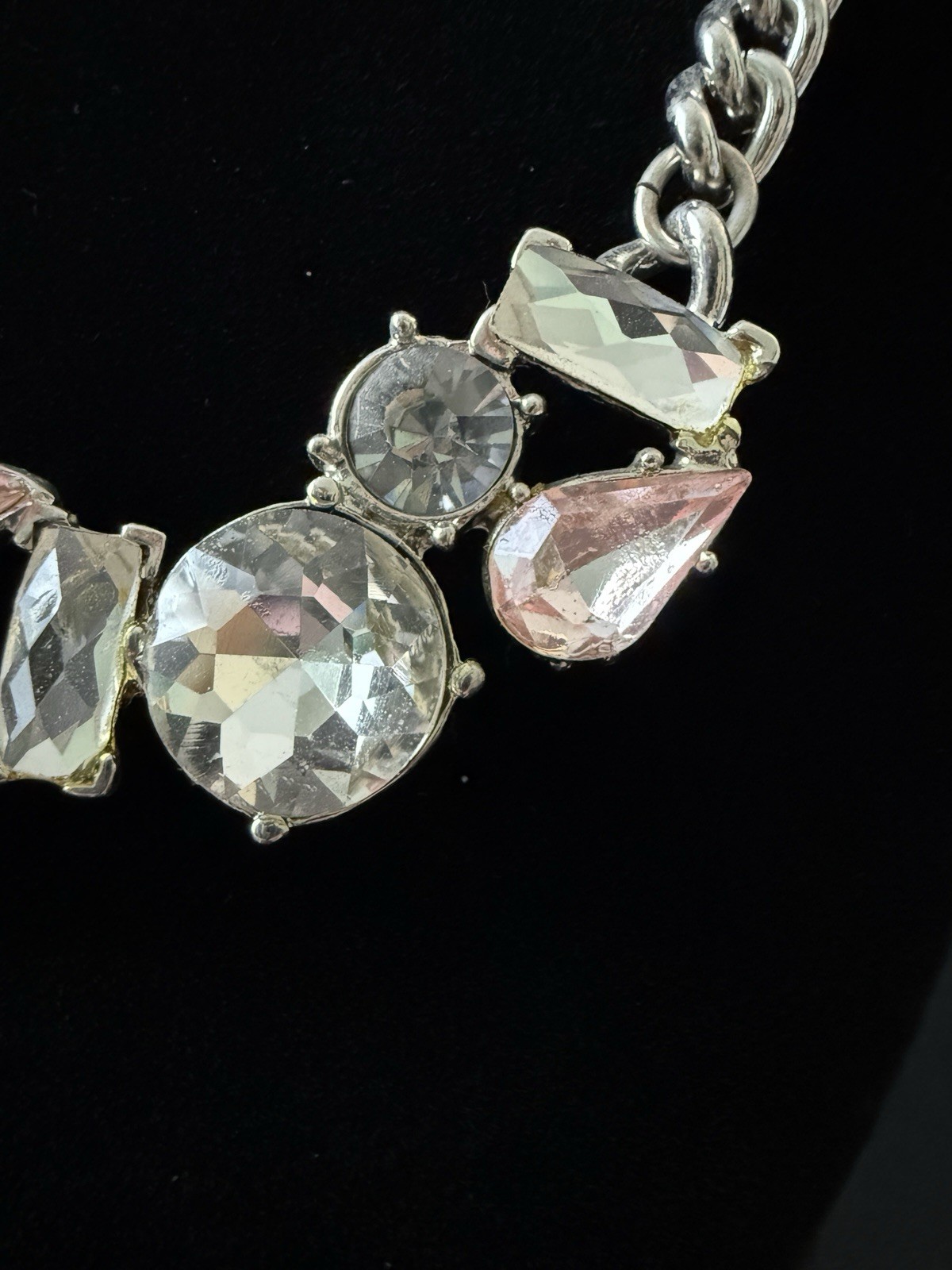Pink and Colorless Rhinestone Bib Necklace Silver Tone Chain