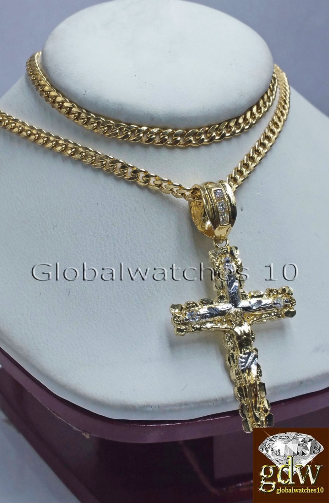 Real 10k Yellow Gold Jesus Cross Charm Pendant 18″ Miami Cuban Link Chain SET