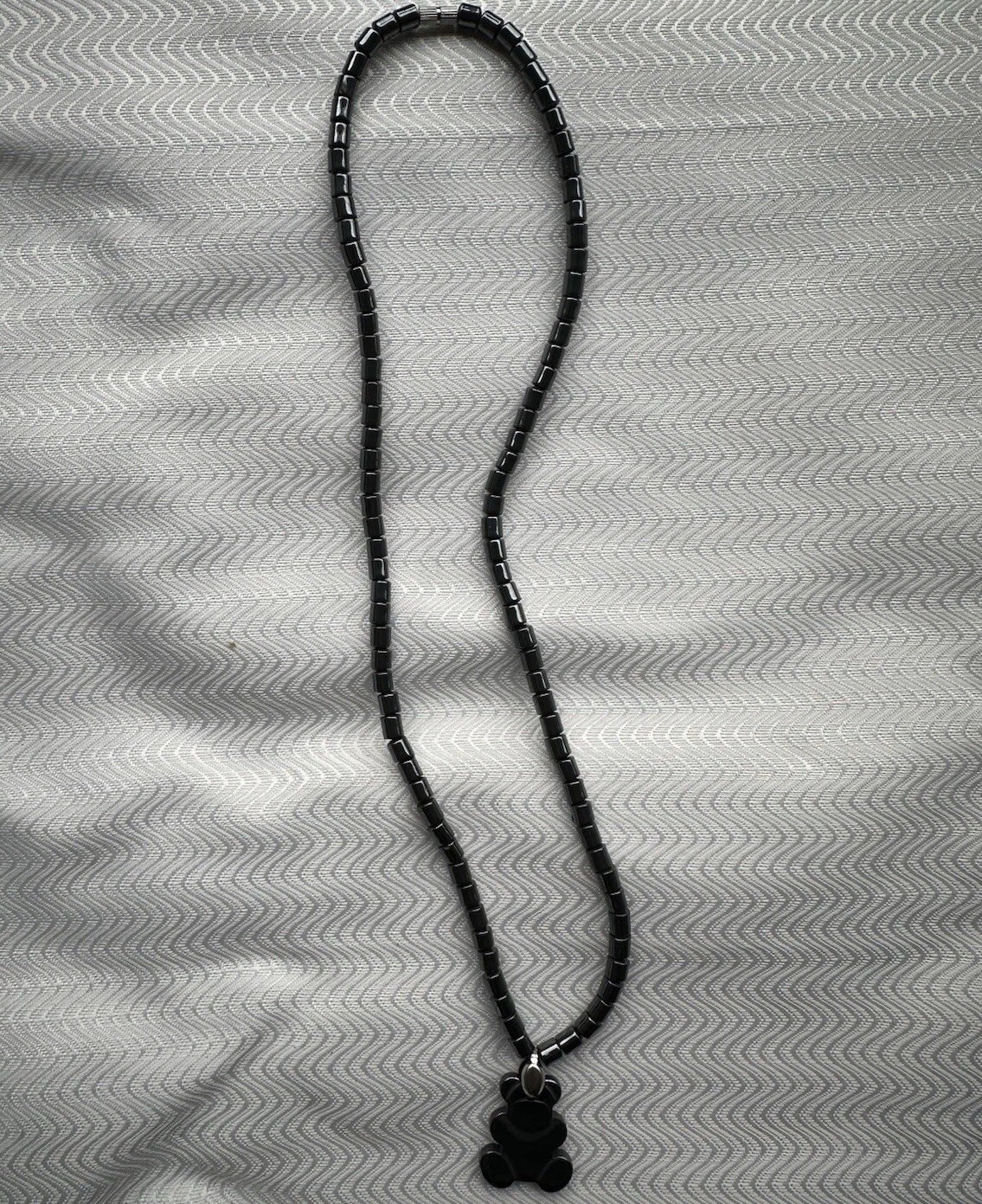 Black Hematite Beaded Teddy Bear Pendant Necklace Barrel Clasp