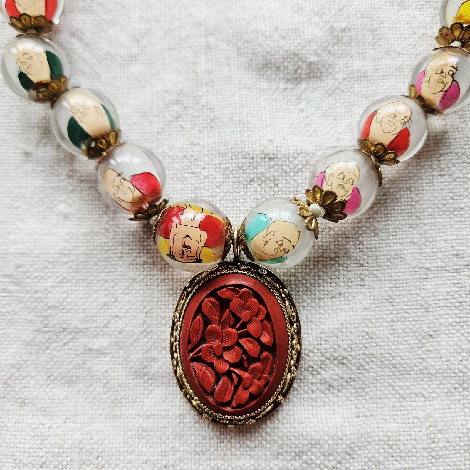 Chinese Prayer Buddha Glass Reverse Painted Beaded Cinnabar Pendant Necklace