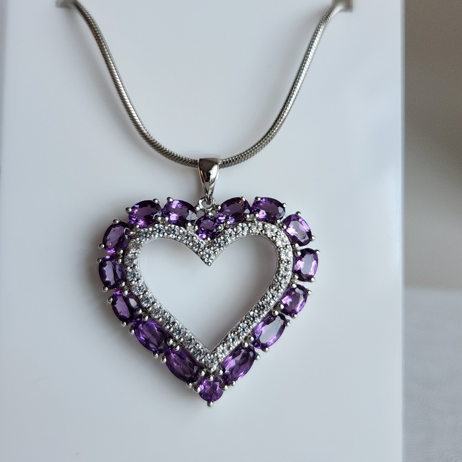Heart Pendant 3 Ct Natural Amethyst and Mined Diamonds 925 Sterling Silver
