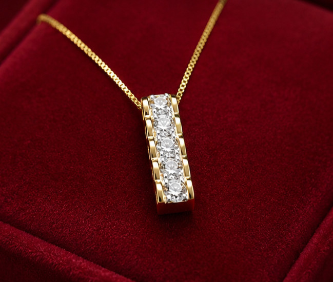 Elegant Bar Pendant Necklace–Round Cut Simulated Diamond 14K Yellow Gold Plated