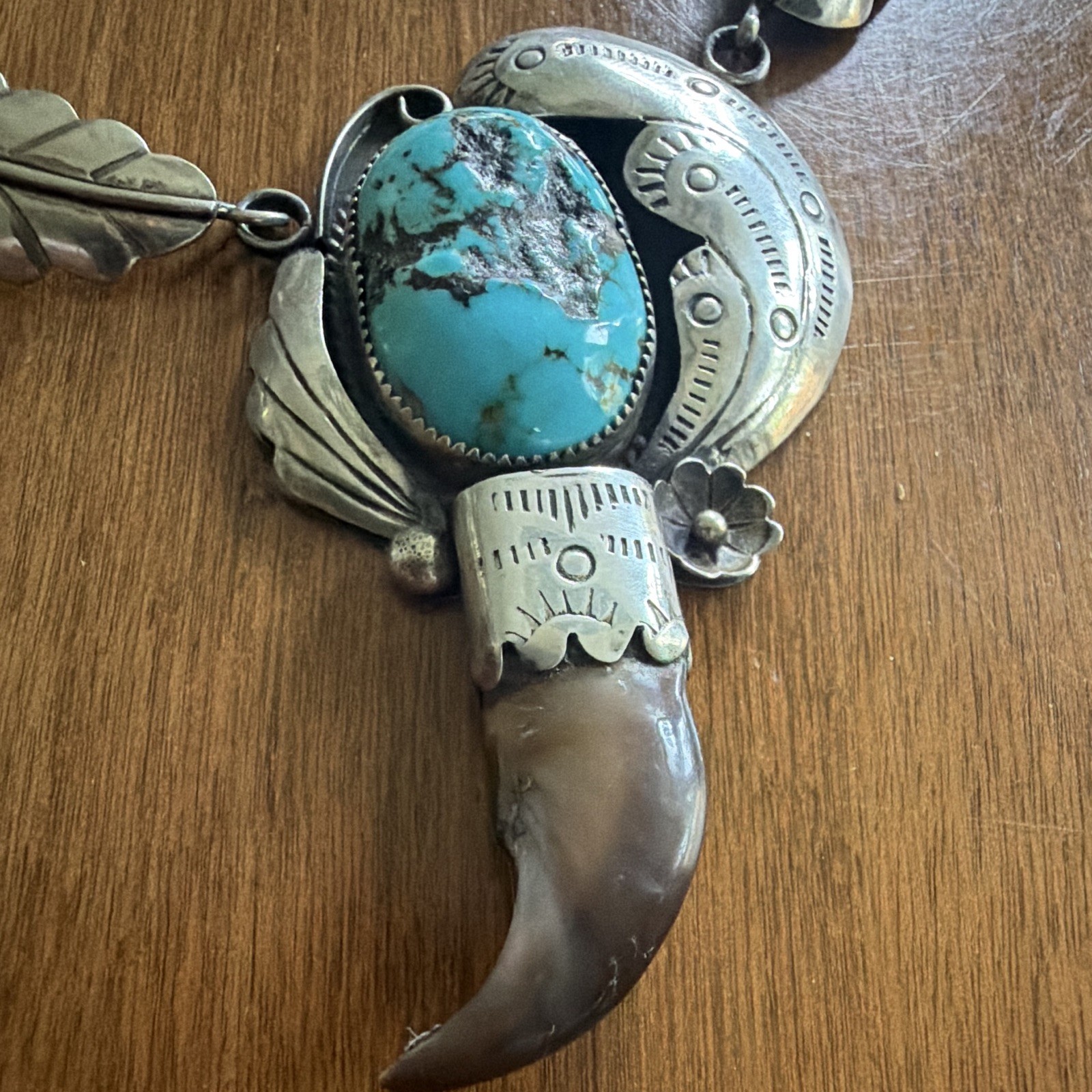 Turquoise & Coral Claw Charm Pendant Necklace, Silver Statement, Signed