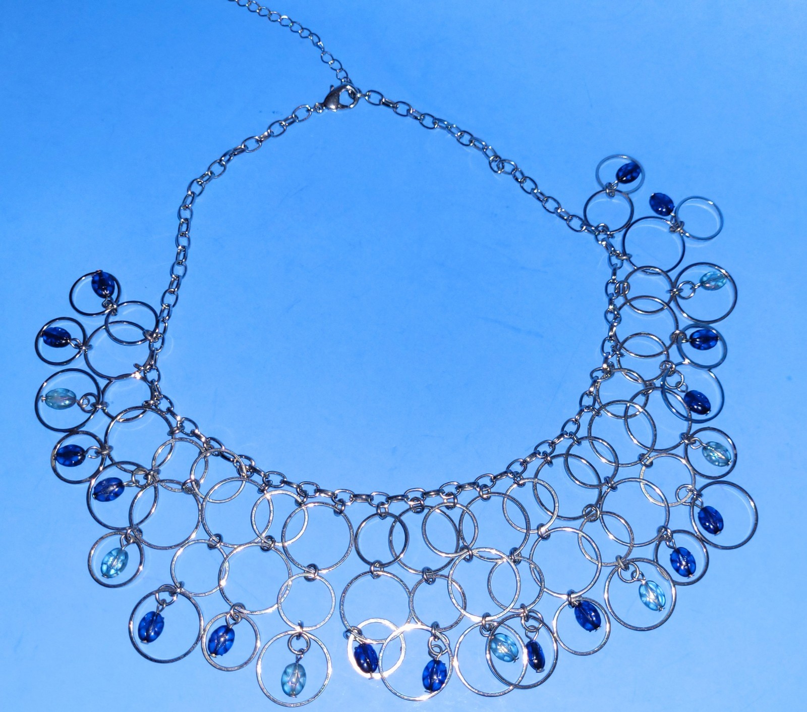 VTG Silverstone Adjustable Necklace With Blue & Aqua Marine Glass Beads