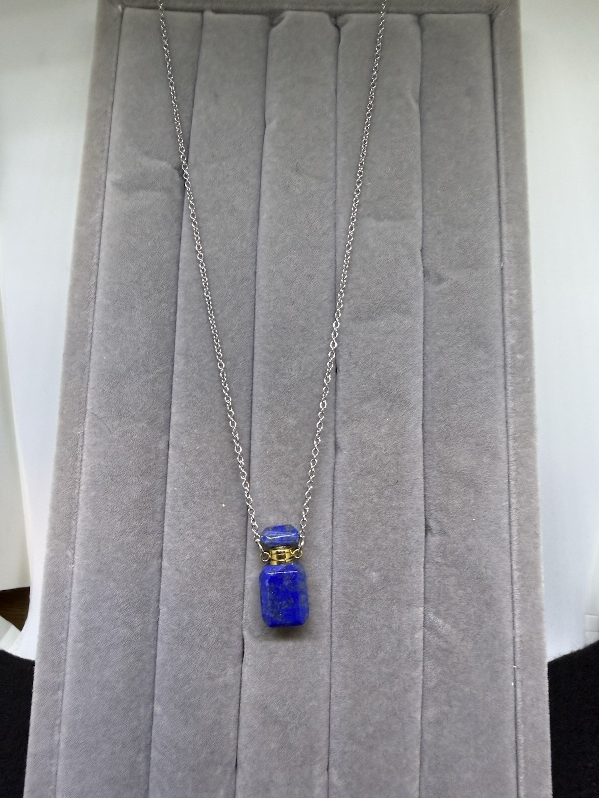 Lapis Lazuli Pendant Necklace, 20 Inches In Stainless Steel, Perfume Bottle