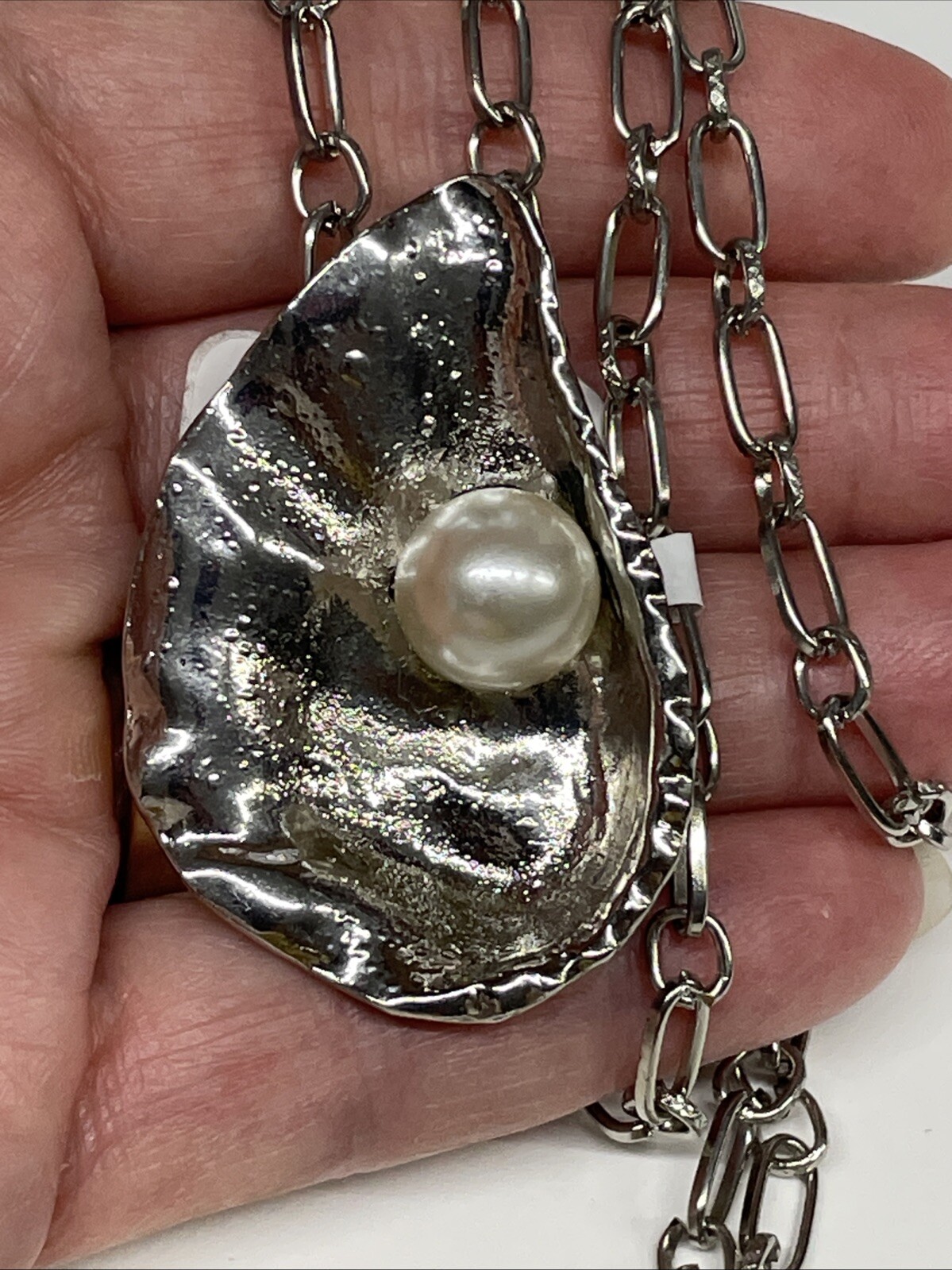Oyster Shell Silver Necklace 30″ Link Chain Sea Life Coastal Fashion Jewelry NEW