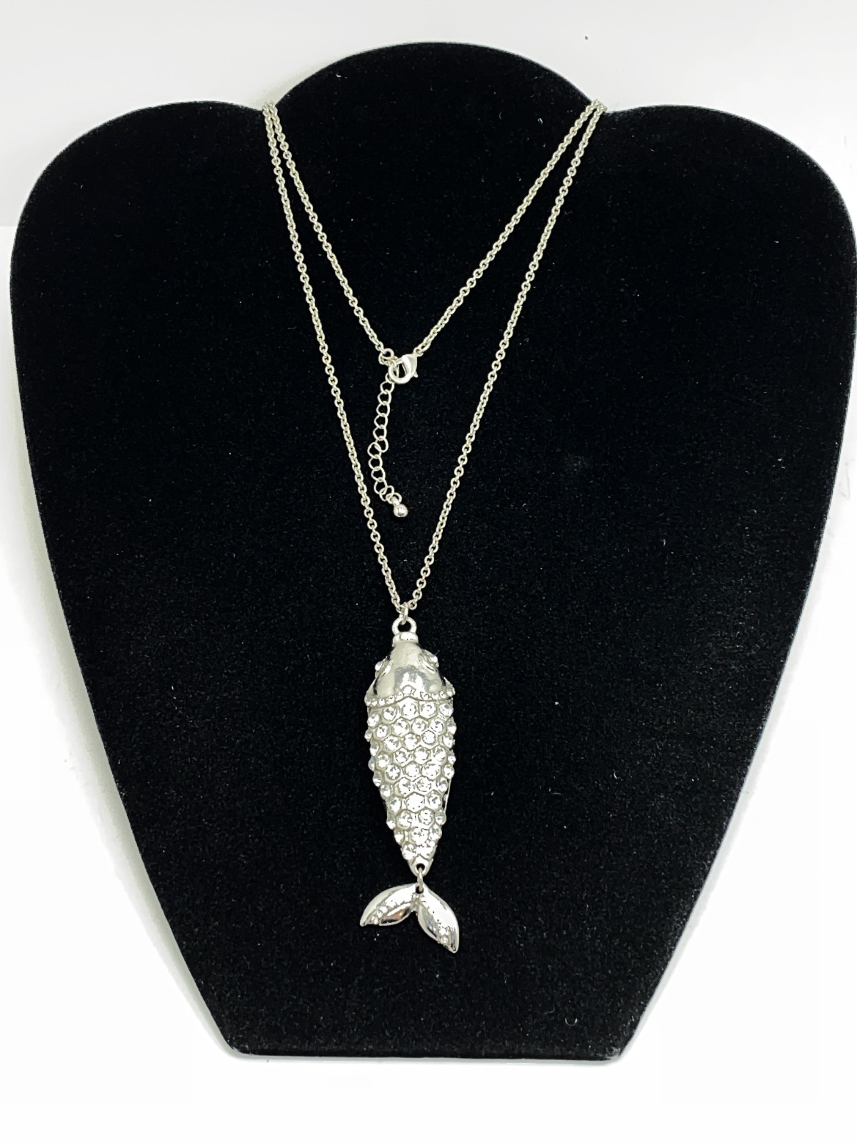 Fish Pendant Sparkly Pave Rhinestone 32 in Long Silver Tone Chain