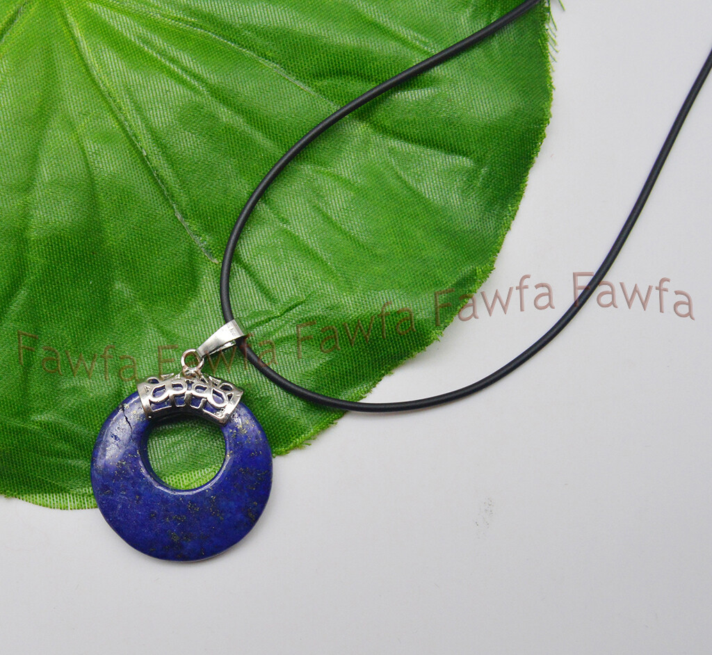 Fine 28mm Blue Lapis Lazuli Ring Round Pendant Black Leather Rope Necklace 18”