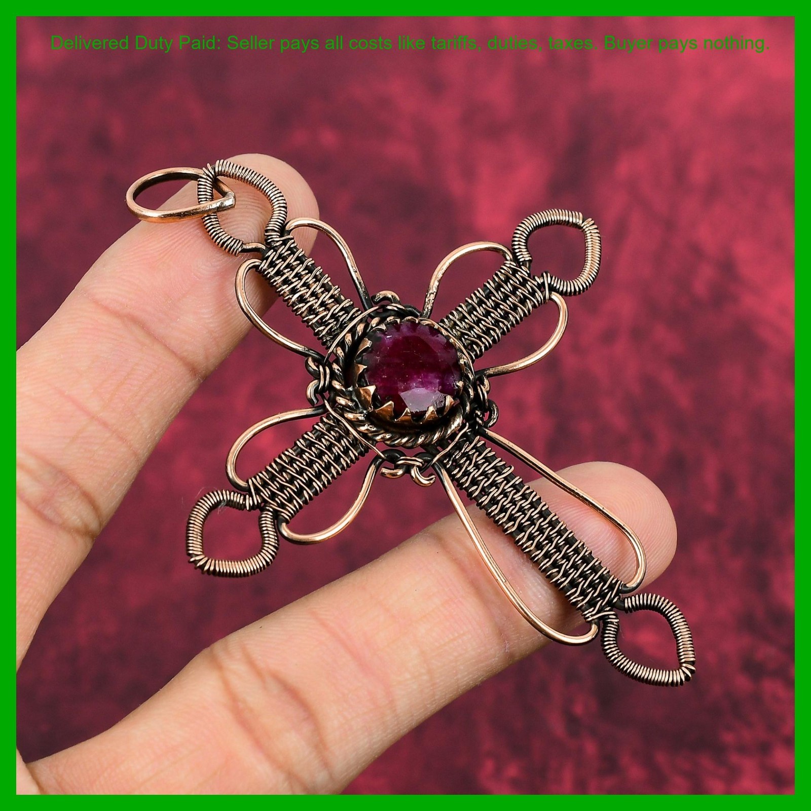 Kashmir Rubi Stone Wedding Wire Wrapped Cross Anniversary Pendant Jewelry Copper