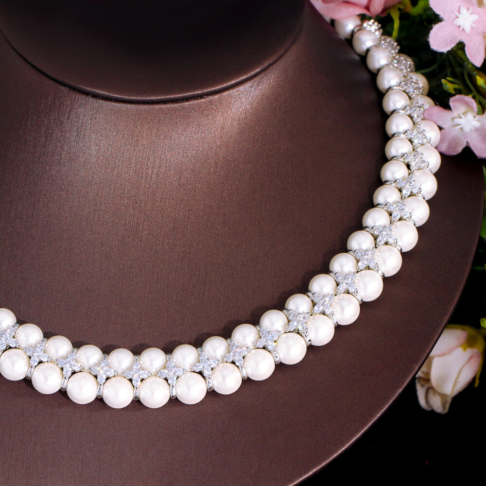 Handmade Pearl Cubic Zircon Multiple Cluster Wedding Engagement Choker Necklace