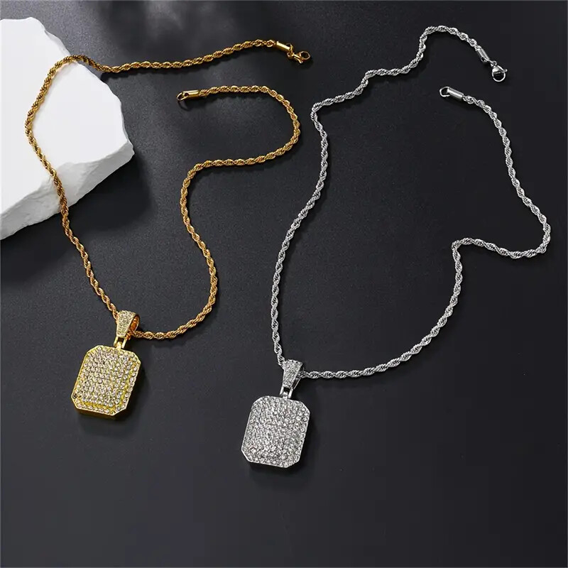 HIP HOP ICED SQUARE DOG TAG CUBIC ZIRCONIA PENDANT & ROPE CHAIN BLING NECKLACE