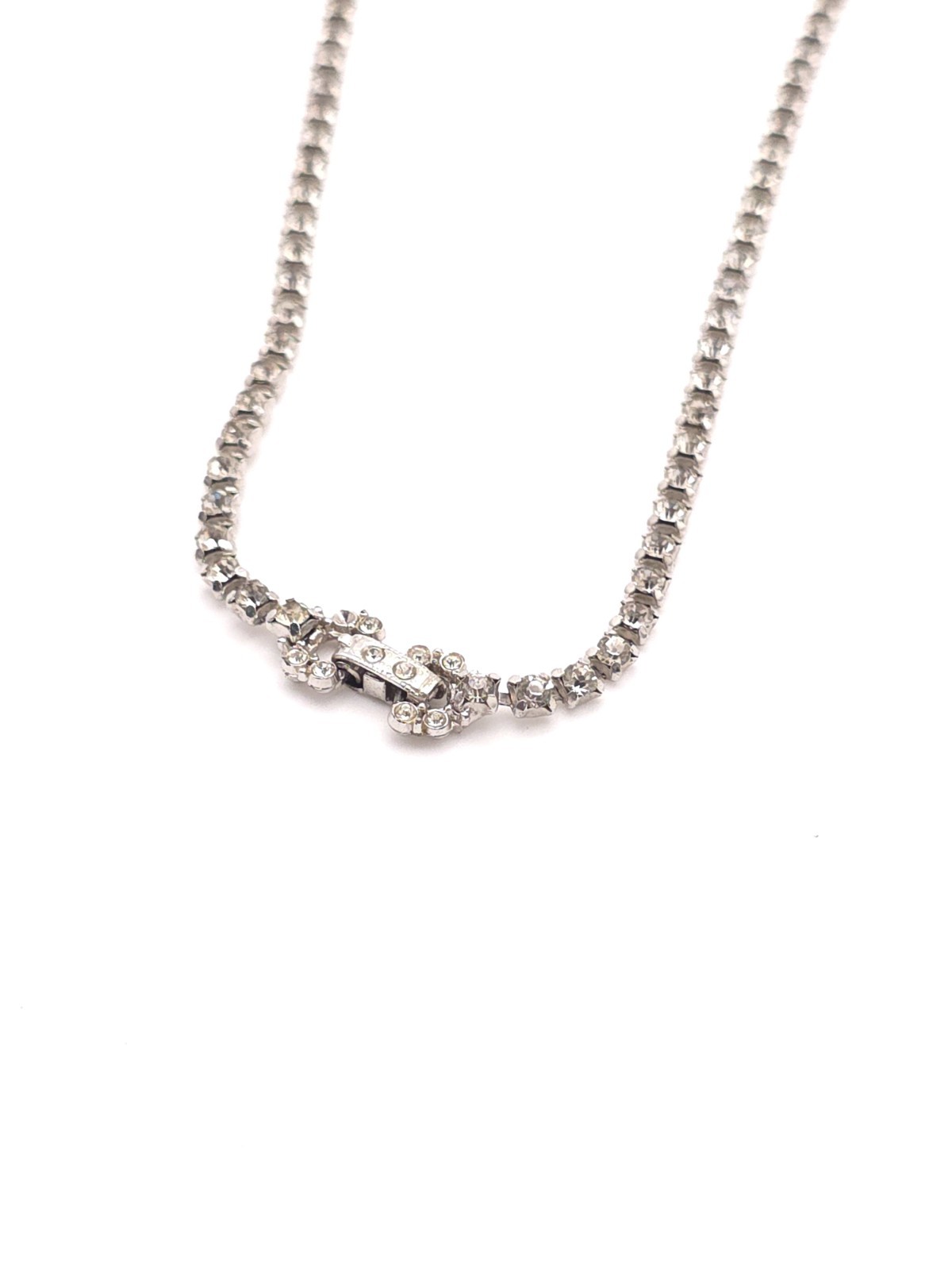 Vintage Silver Tone Rhinestone Bow Pendant Tennis Chain Necklace (Missing Stone)