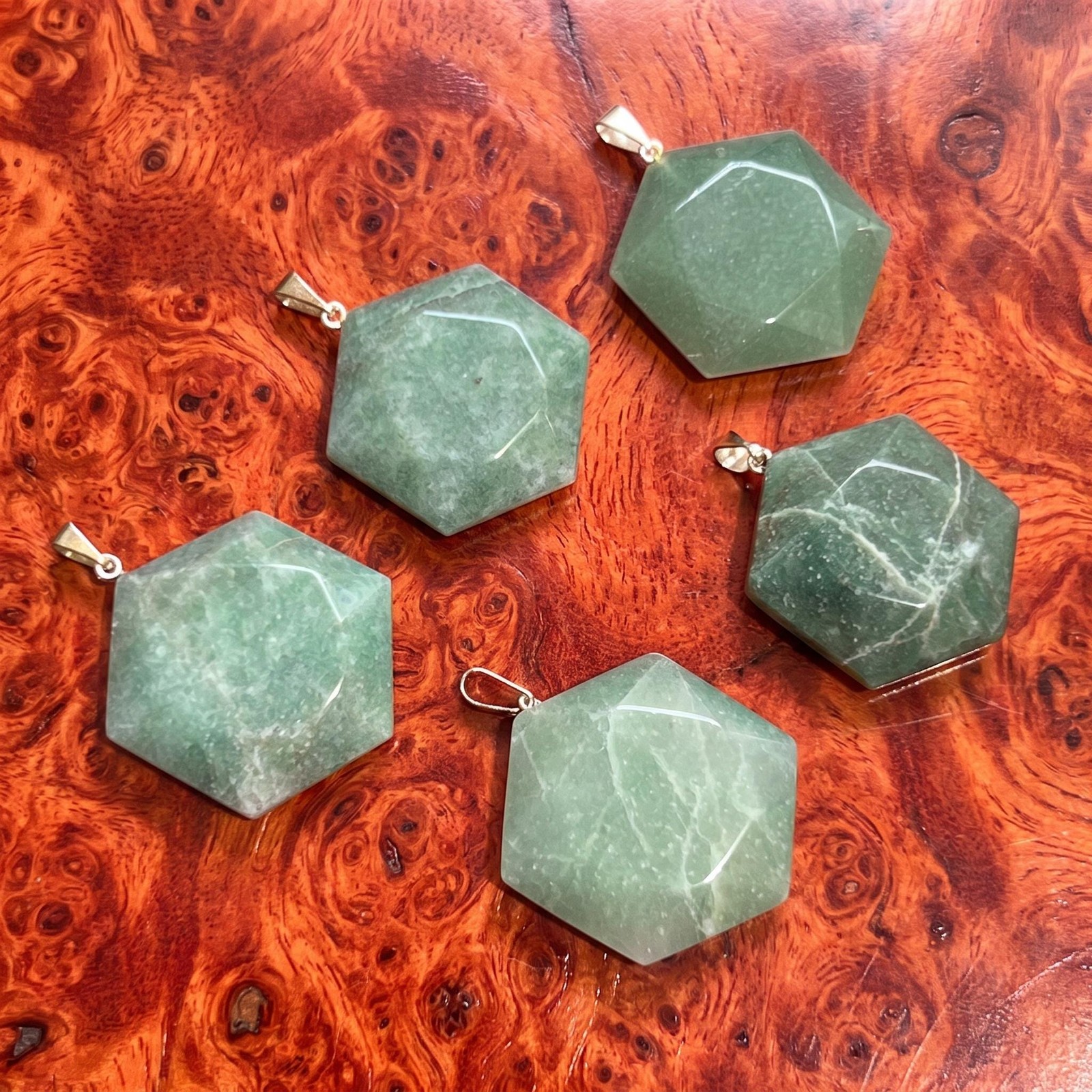 Green Aventurine Hexagon Faceted Crystal Pendant (Silver Bail) Jewelry Beads