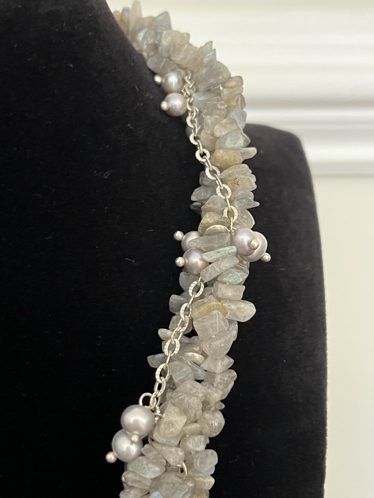 Labradorite and Pearl Statement Necklace 16″ – Beaded Collar Multi Strand Twist