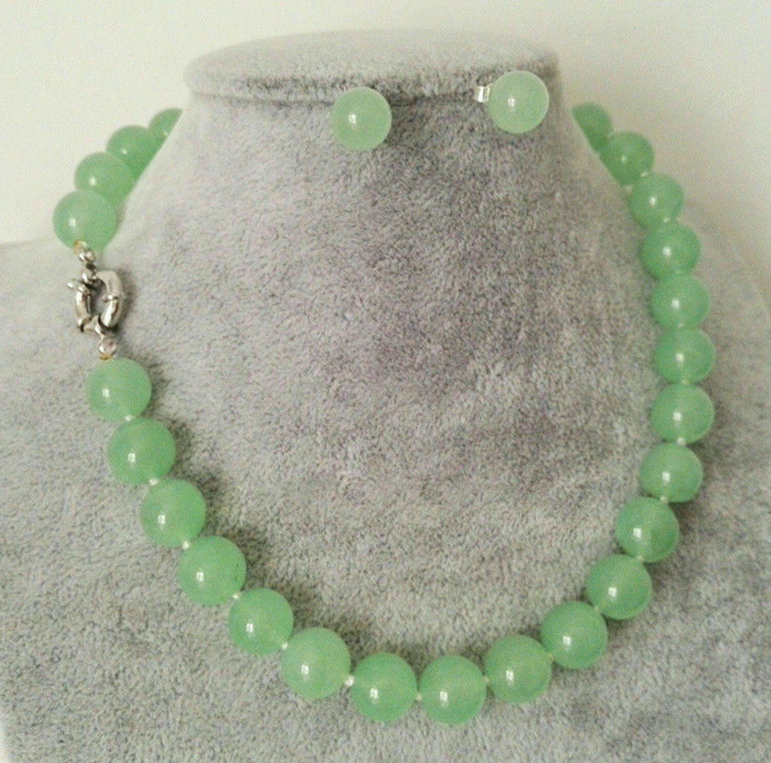 10mm Natural Light Green Jade Round Gemstone Beads Necklace Earring Jewelry Set