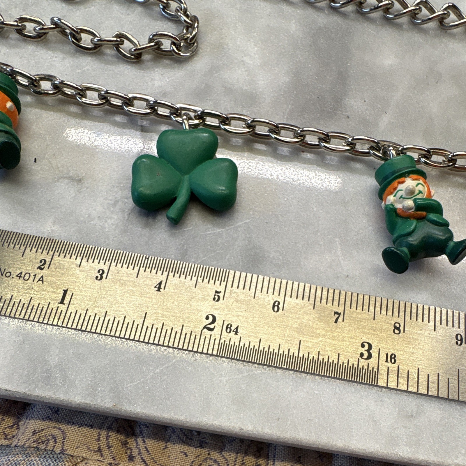 Silver Tone Cable Chain Charm Necklace Green Clover & Leprechaun, Spring Ring