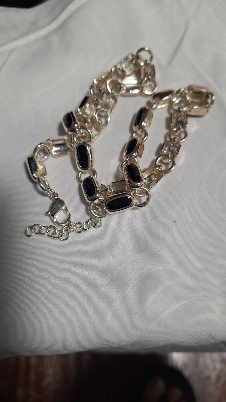 Silver Tone Oval Link Chain Necklace Black Accents Adjustable Lobster Clasp