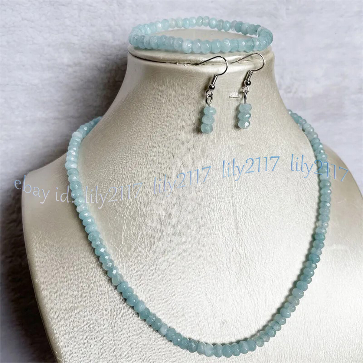 Faceted Aquamarine Natural Gems Rondelle Beads Necklace Bracelet Earrings Set