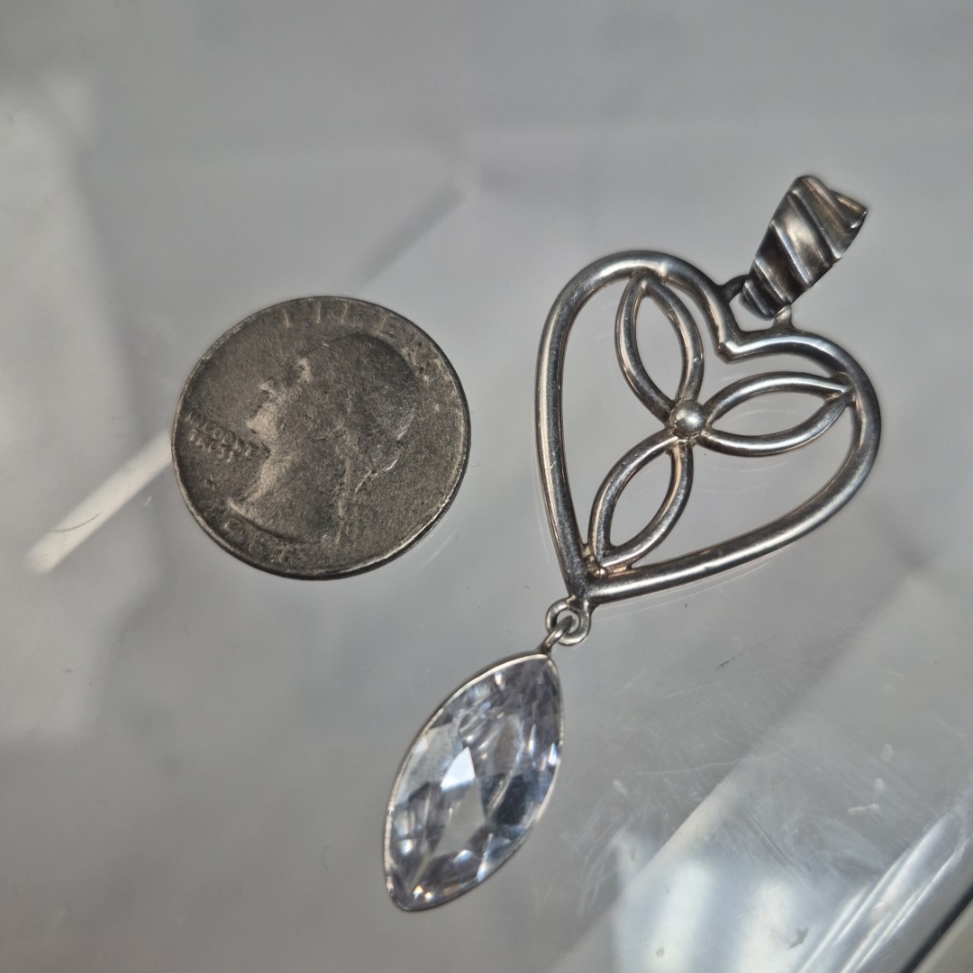 Modern Sterling Silver 925 Heart Clover Marquise Clear CZ Large Pendant
