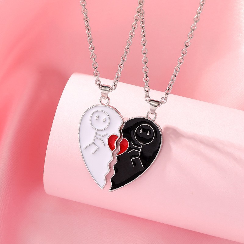 2pcs Magnet Matchstick People Lovers’ Black White Heart Pendant Chain Matching N