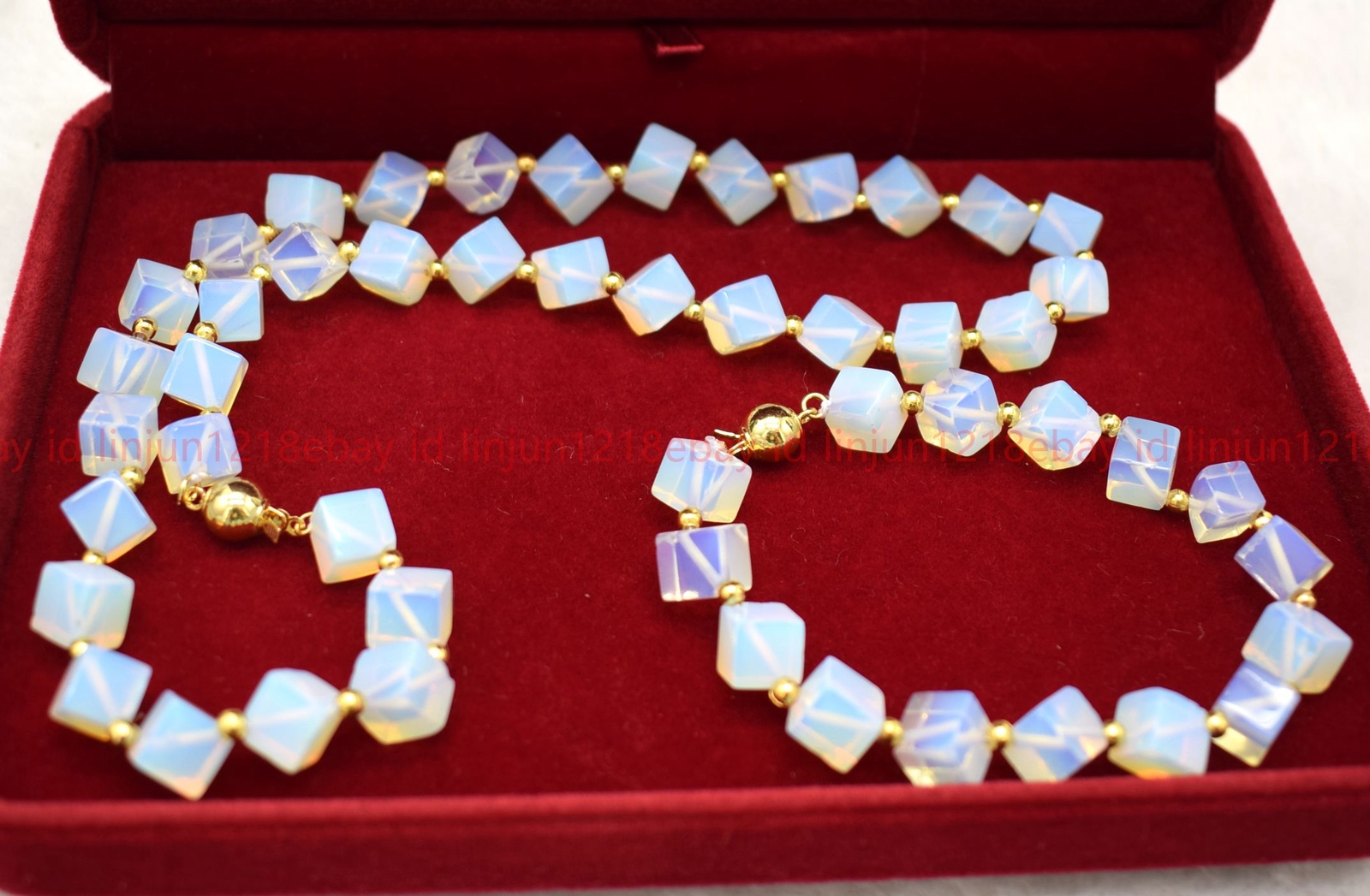 New Pretty Natural Regular Square White Opal Gems Necklace Bracelet Set 18/7.5in