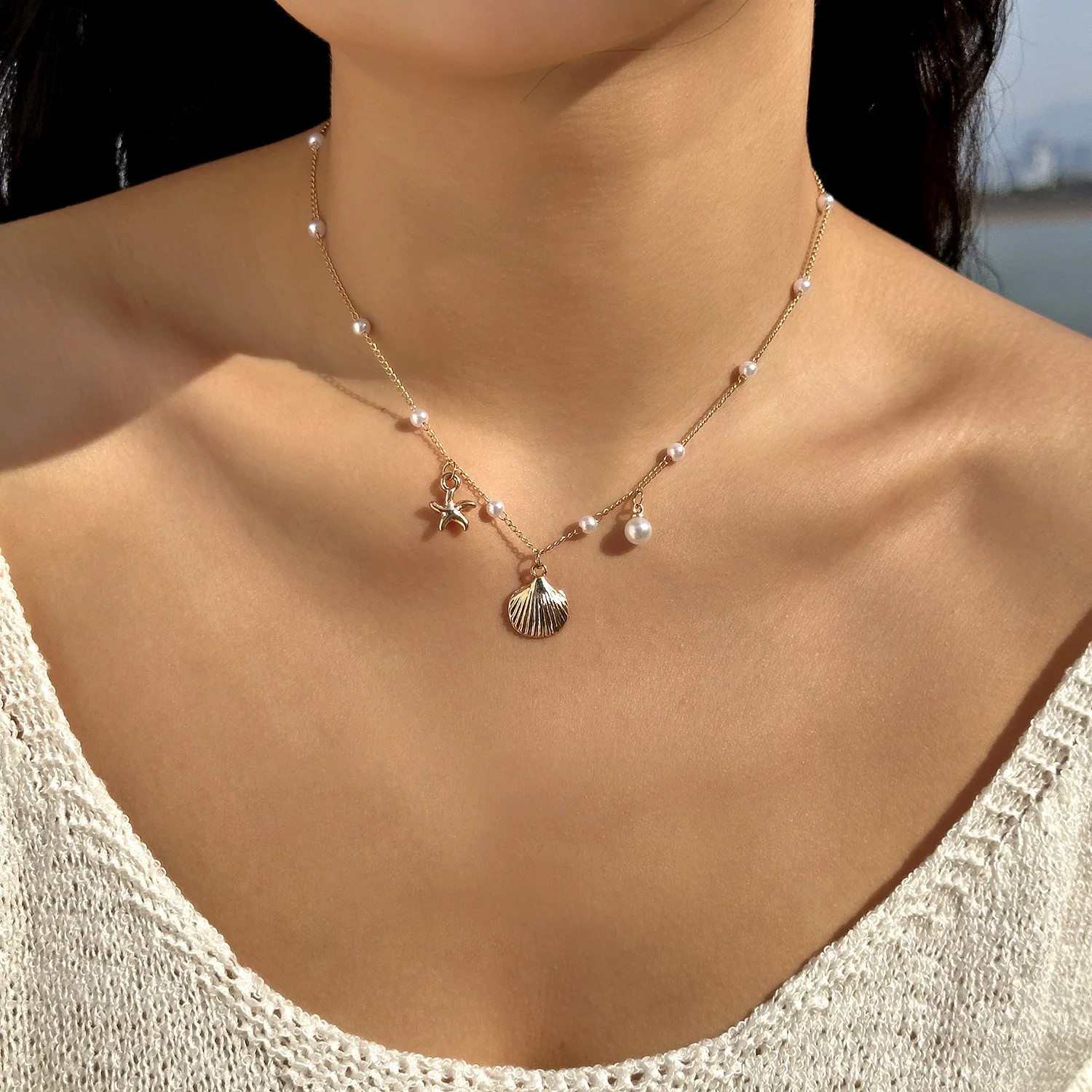 Fashion Gold Color Starfish Conch Turtle Pendant Necklace for Women Handmade She