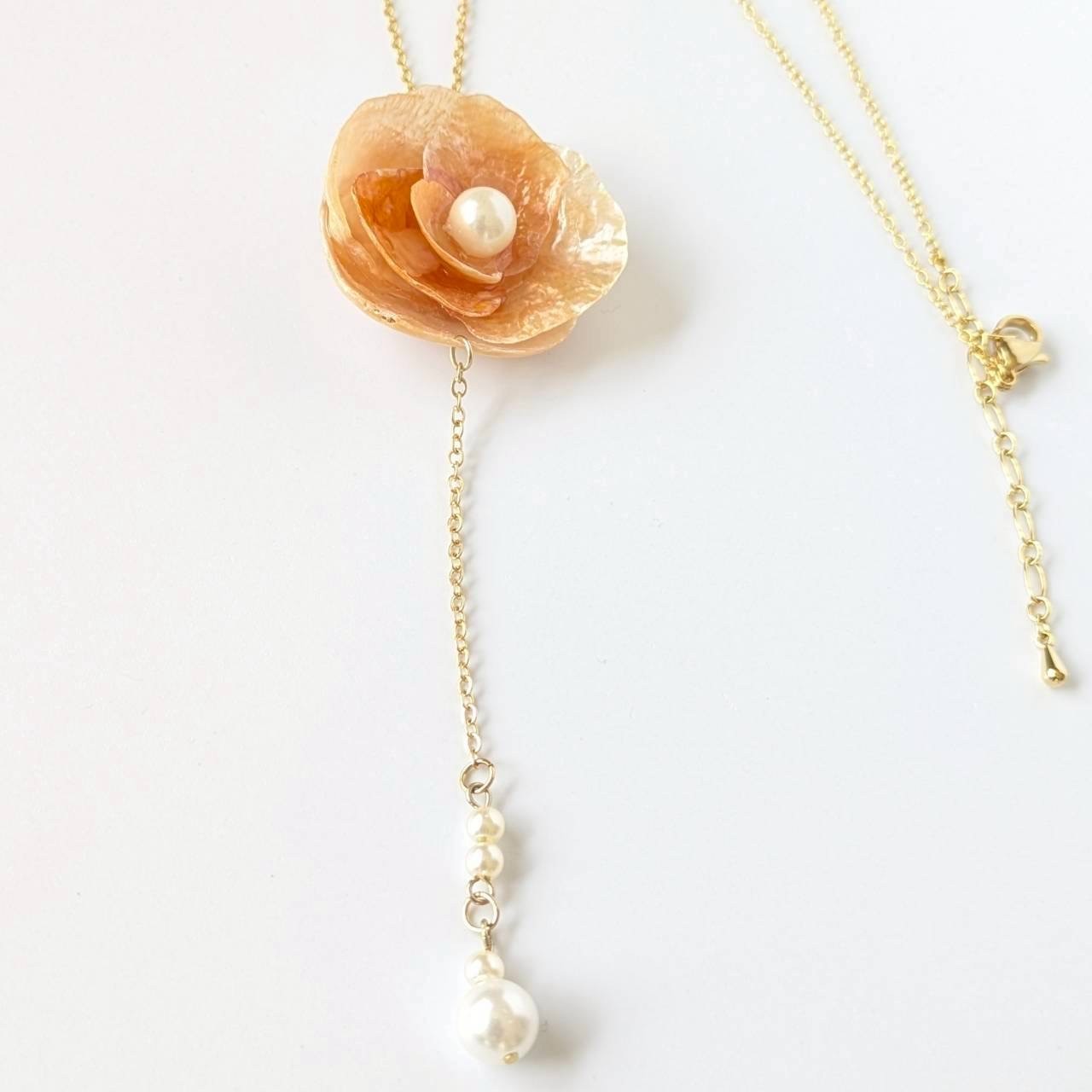 Handmade Japanese Orange Shell Flower Y-Necklace, Coastal Boho Pearl Lariat Jewe