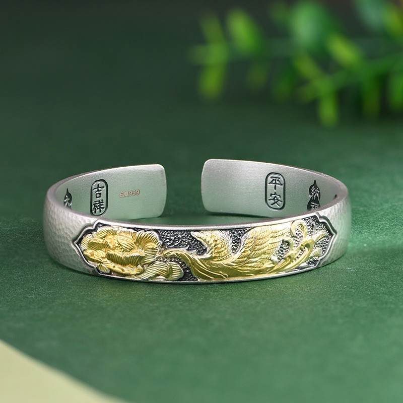 Gilded Phoenix Peony Wide Cuff Bangle Chinese Blessing 999 Solid FineSilver Gold