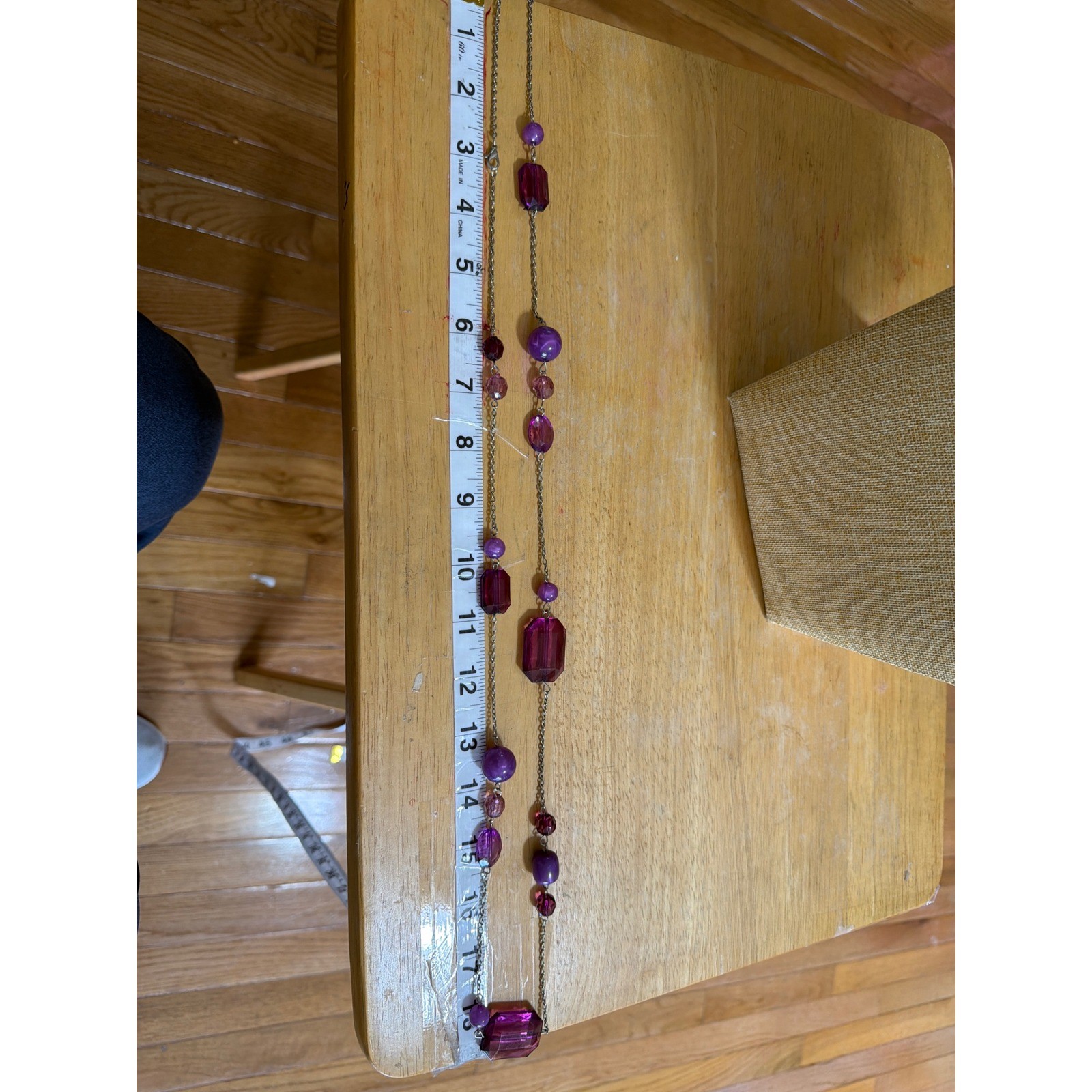 Long Purple Beaded Station Necklace Silver Tone Chain Emerald Cut Acrylic Layer