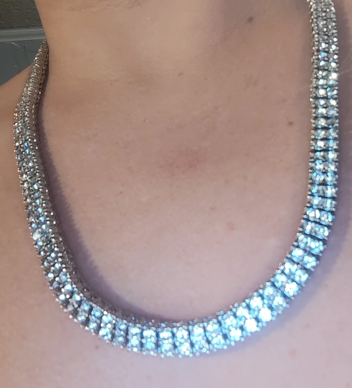 Icy Hip-hop 2 row Bling, Silver Tone Clear Rhinestone Tennis Necklace Chain 24″