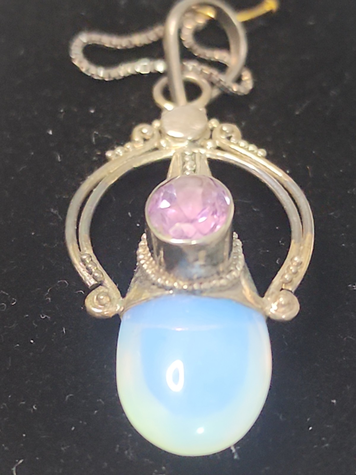 Sterling Silver Pendant 6.2g Fine Jewelry Opalite & Amethyst Stone 20″ Box Chn.