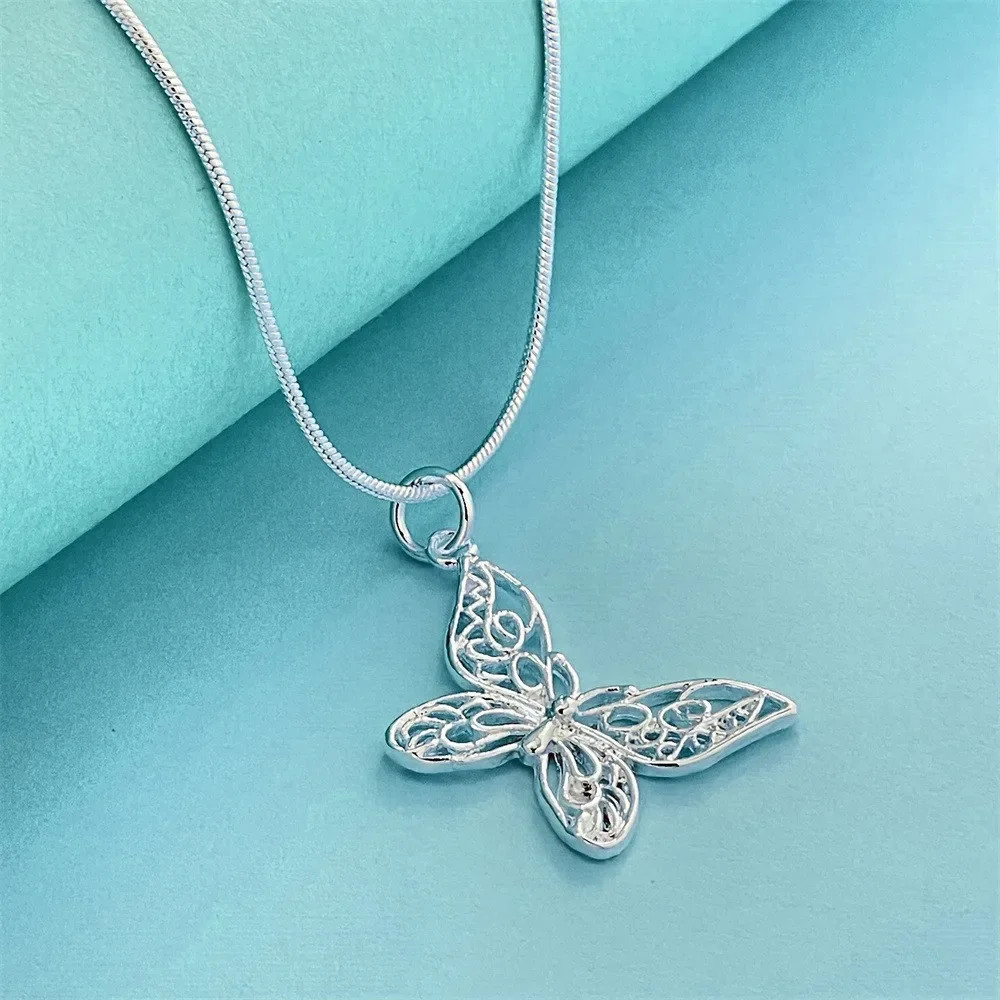 925 Sterling Silver K-pop Style Butterfly Necklace, with Snake Chain