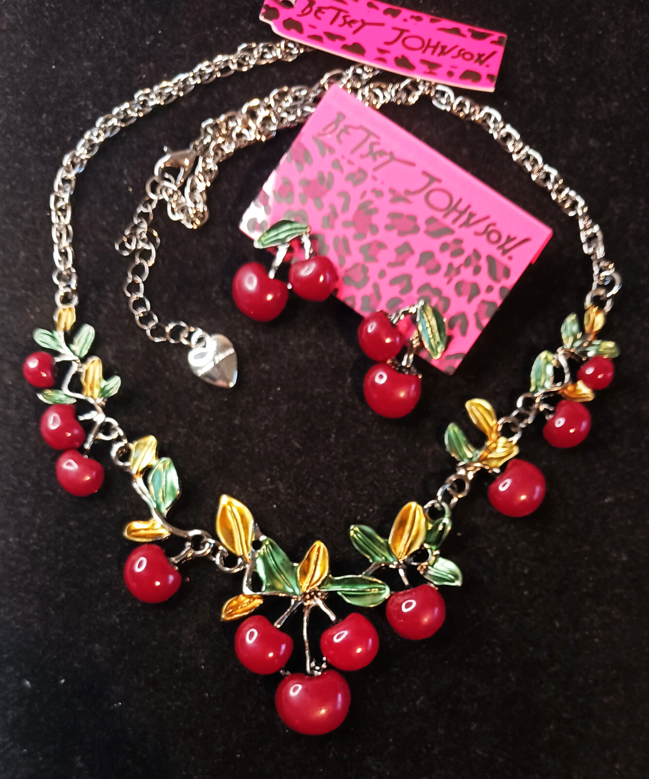 Sweet Red CHERRY Leaf Blossom Choker Betsey Johnson Enamel Necklace Earrings SET