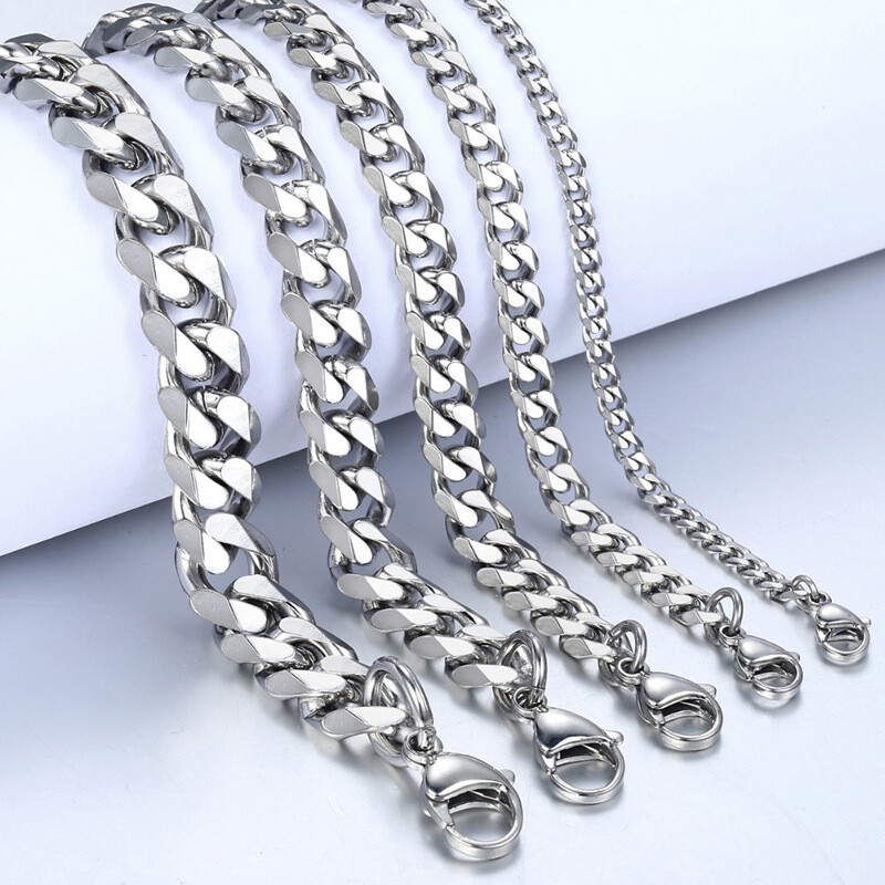 16-36″ Stainless Steel Silver Chain Cuban Curb Womens Mens Necklace 3/5/7/9/11mm