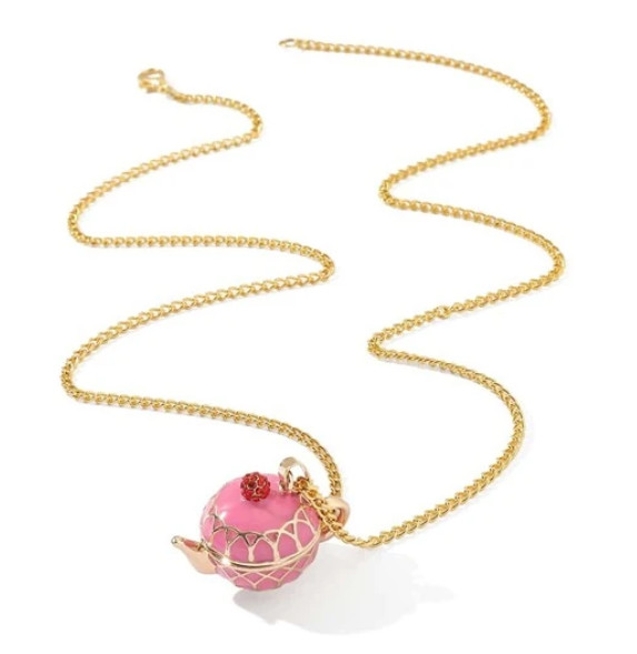 Pink & Gold Teapot Necklace – Cute, Locket Style – Coffee, Tea, Cute Gift