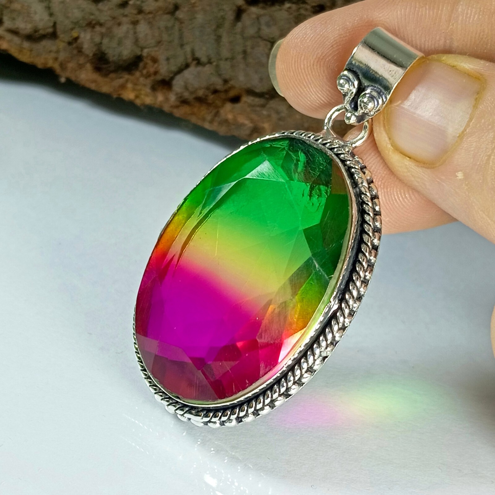 Bi-Color Tourmaline Gemstone Pendant 925 Sterling Silver Jewelry Pendant.